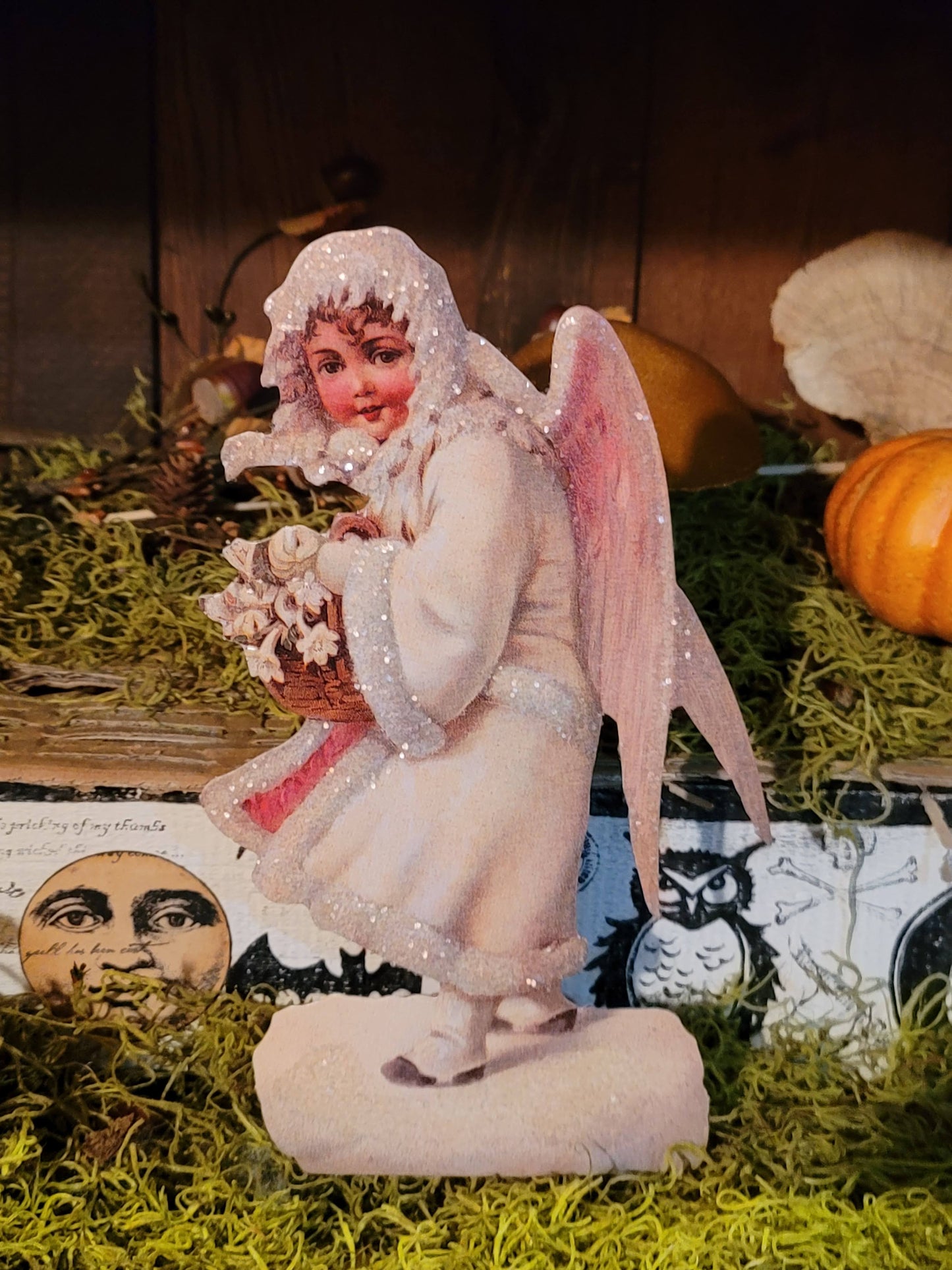 Vintage Victorian Christmas Snow Angel Standing Easel Back Card