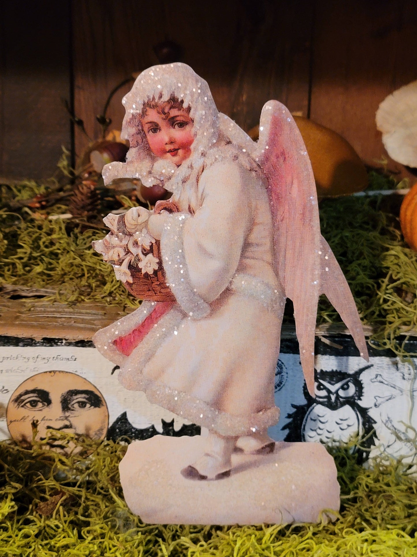 Vintage Victorian Christmas Snow Angel Standing Easel Back Card