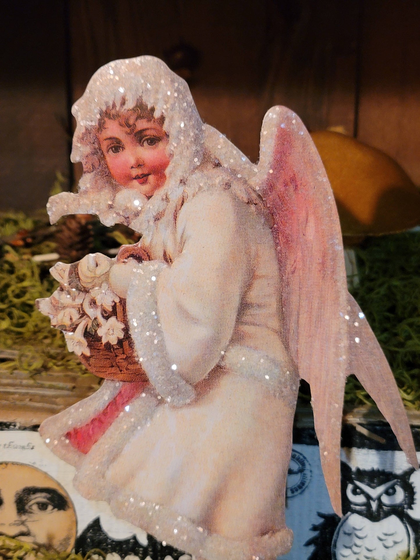 Vintage Victorian Christmas Snow Angel Standing Easel Back Card