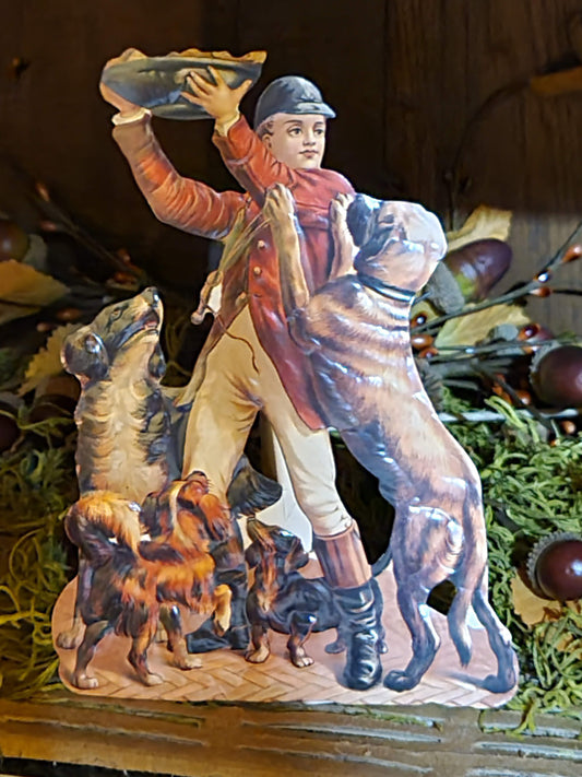Vintage Victorian Style Fox Hunt Equestrian Boy Feeding Dogs Card Decoration