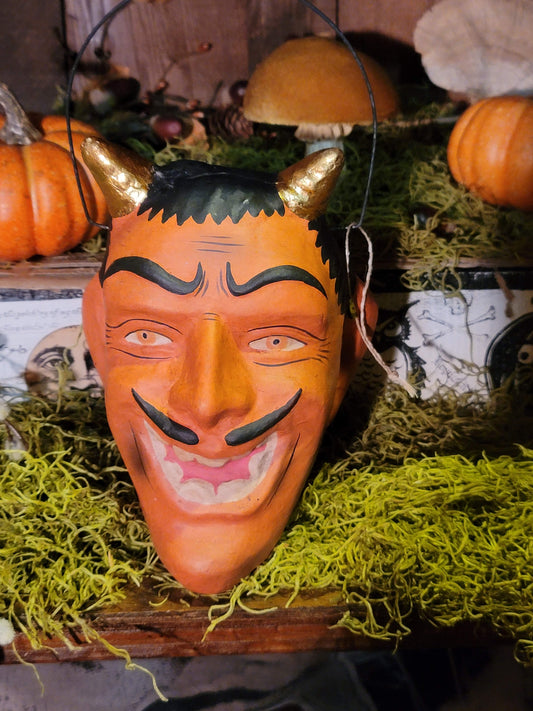 Vintage Halloweeen Style Tharnwyck Devil Head Golden Horns Paper Mache Candy Bucket
