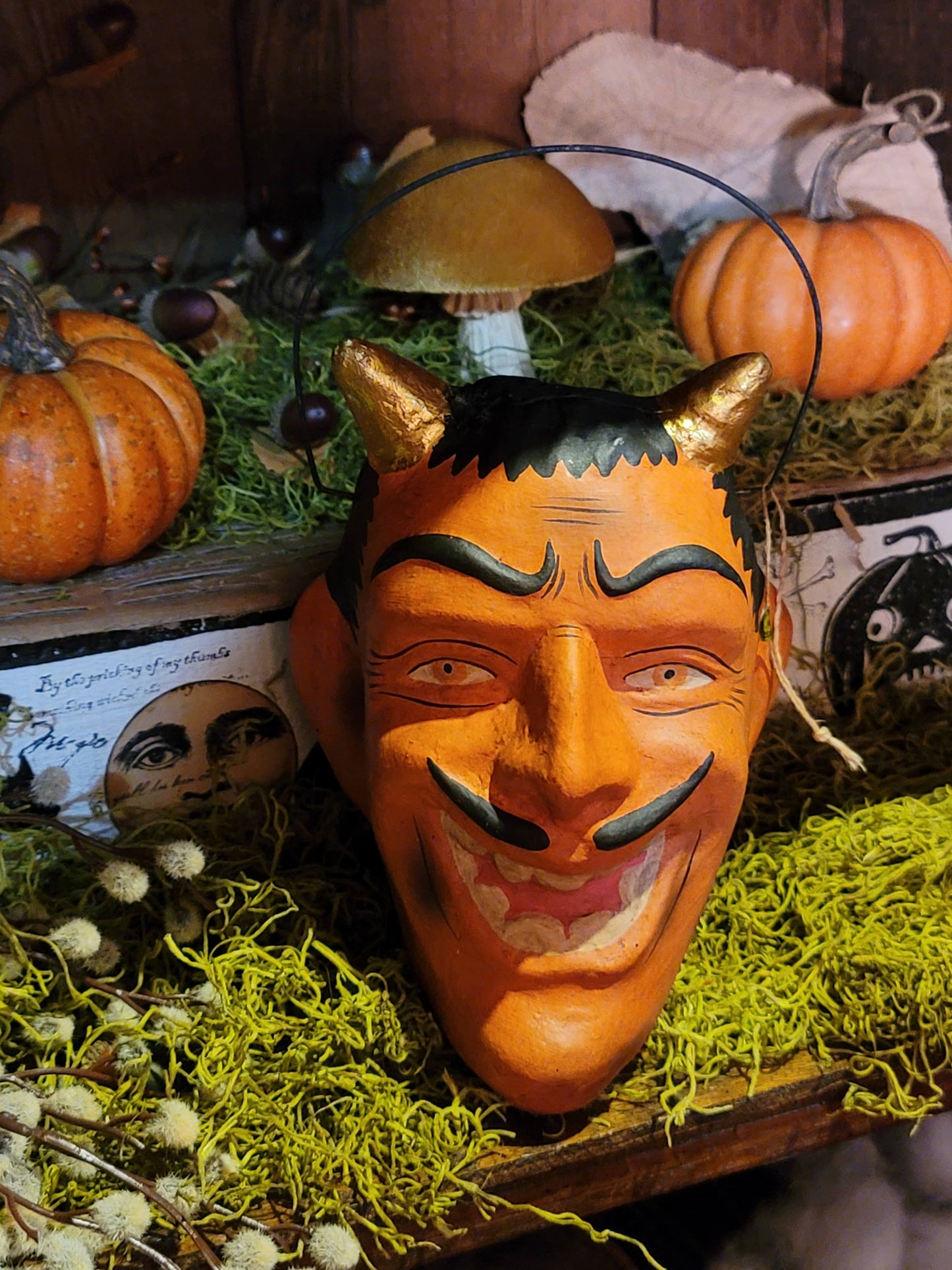 Vintage Halloweeen Style Tharnwyck Devil Head Golden Horns Paper Mache Candy Bucket