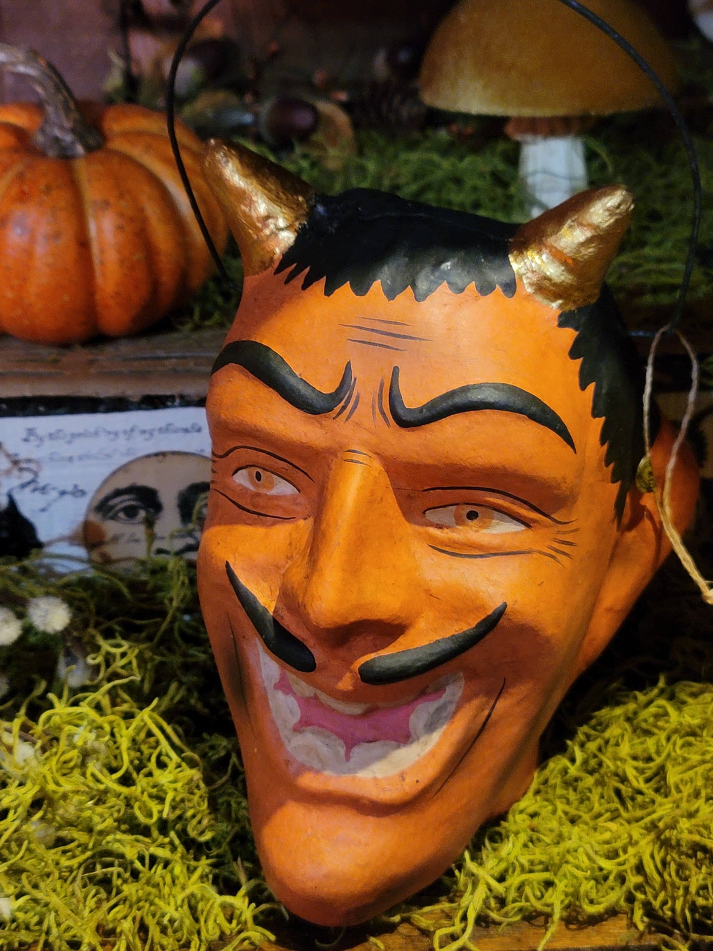 Vintage Halloweeen Style Tharnwyck Devil Head Golden Horns Paper Mache Candy Bucket