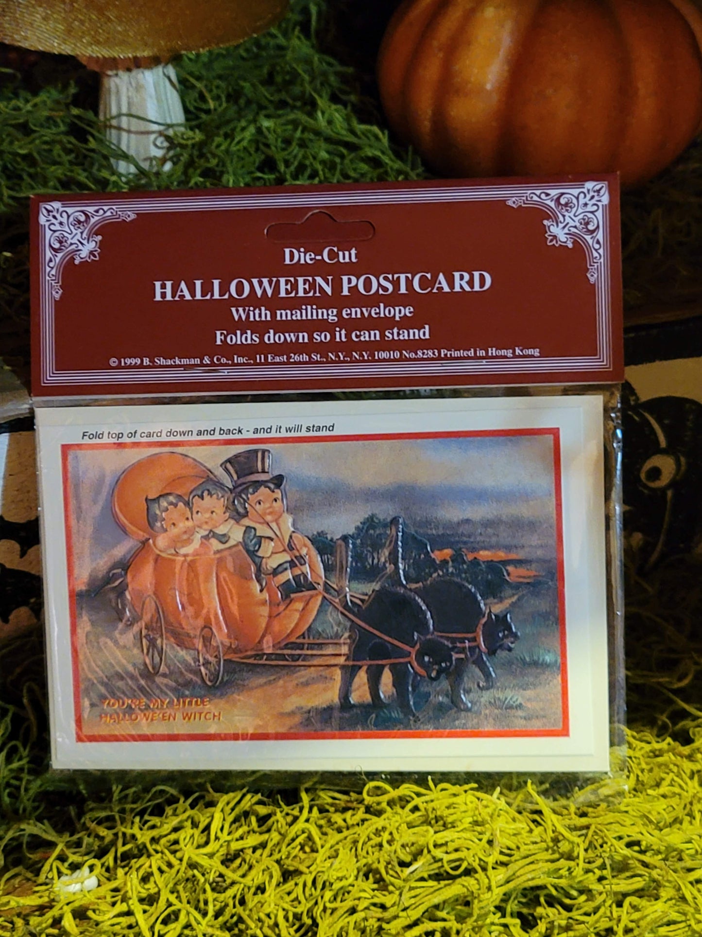 Vintage Halloween Style Black Cat Pumpkin Carriage Standing Easel Card