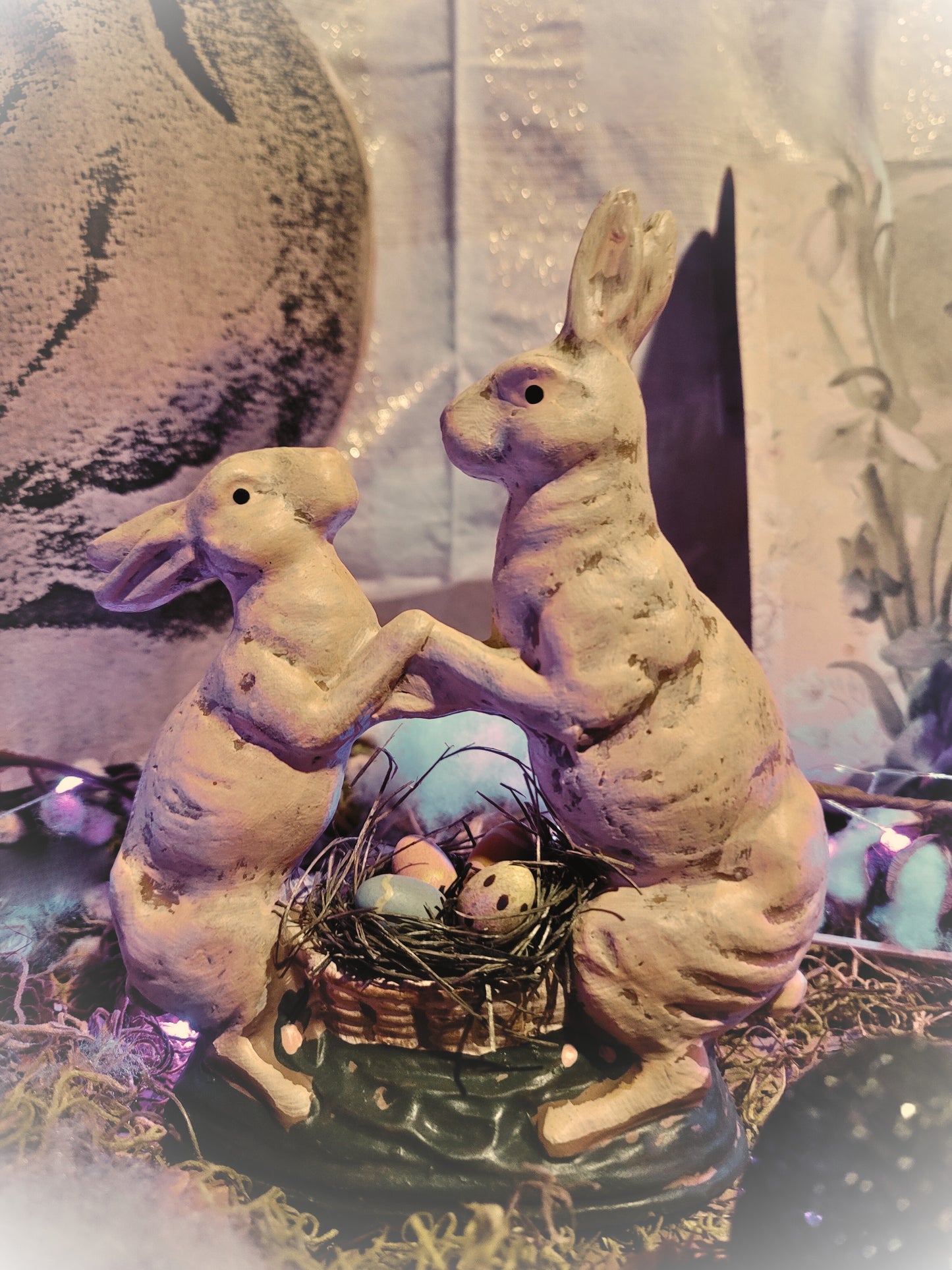 Primitive Vintage Easter Style Dancing Rabbit Bunnies Figurine