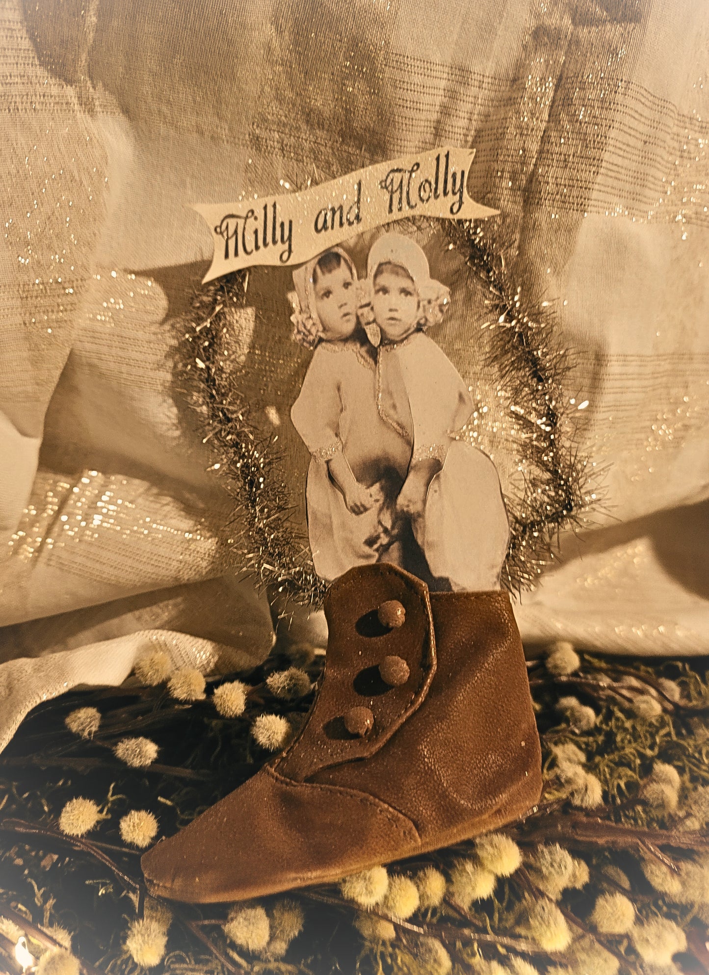 Vintage Antique Style Photo Art In Leather Baby Shoe Wreath Ornament