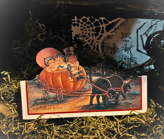 Vintage Halloween Style Black Cat Pumpkin Carriage Standing Easel Card