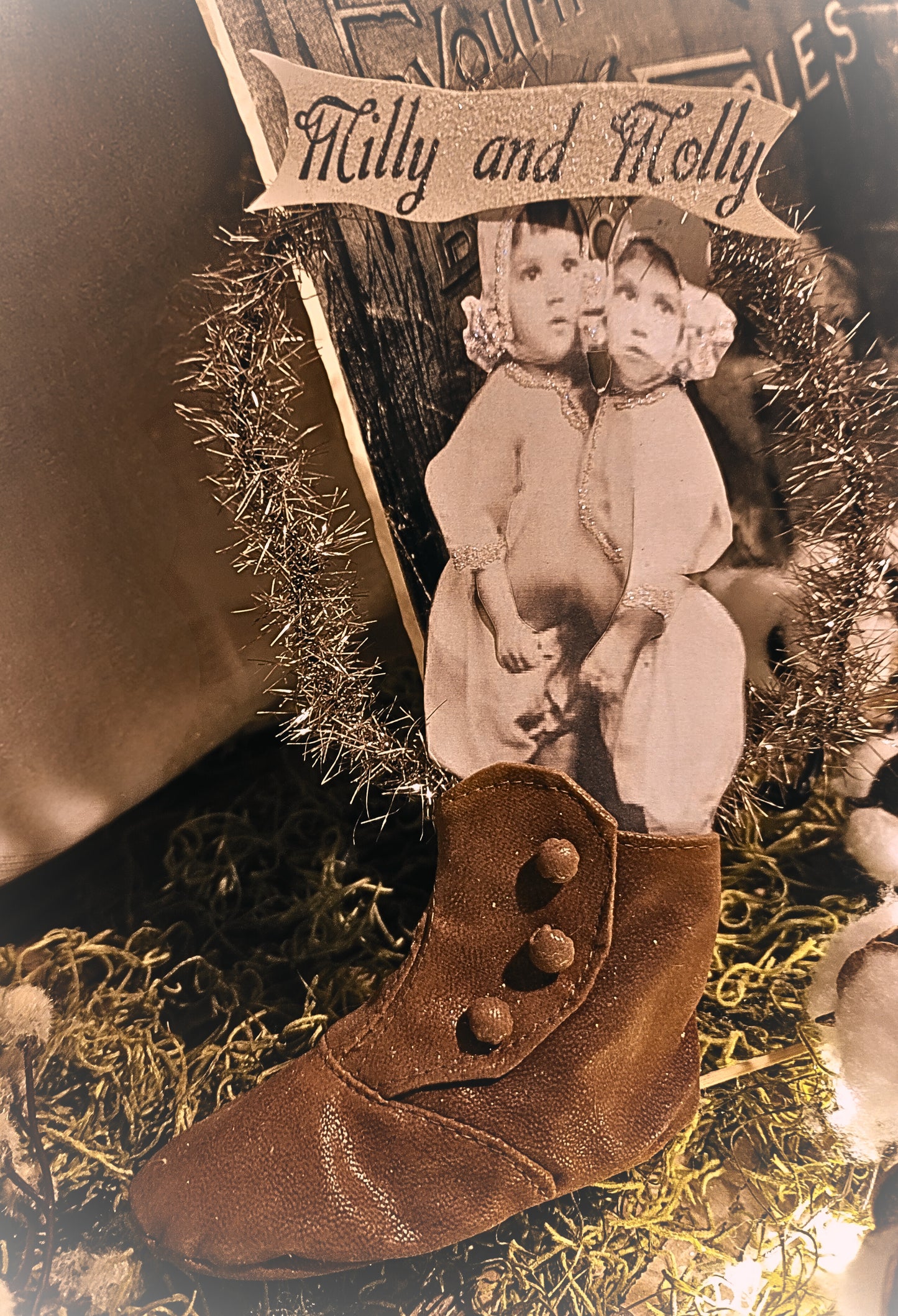 Vintage Antique Style Photo Art In Leather Baby Shoe Wreath Ornament