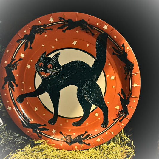 Vintage Halloween Style Pumpkin Witch Cats Paper Plates Set of 8