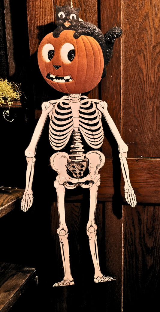 Vintage Halloween Style Hanging Paper Pumpkin Head Skeleton with German Cat