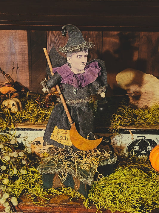 Vintage Halloween Style Photo Witch with Tinsel and Broom on Star Box Container