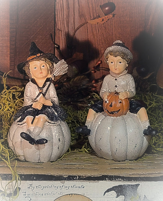 Vintage Halloween Style Pumpkin Boy and Witch Girl Trick or Treat Figurine Set