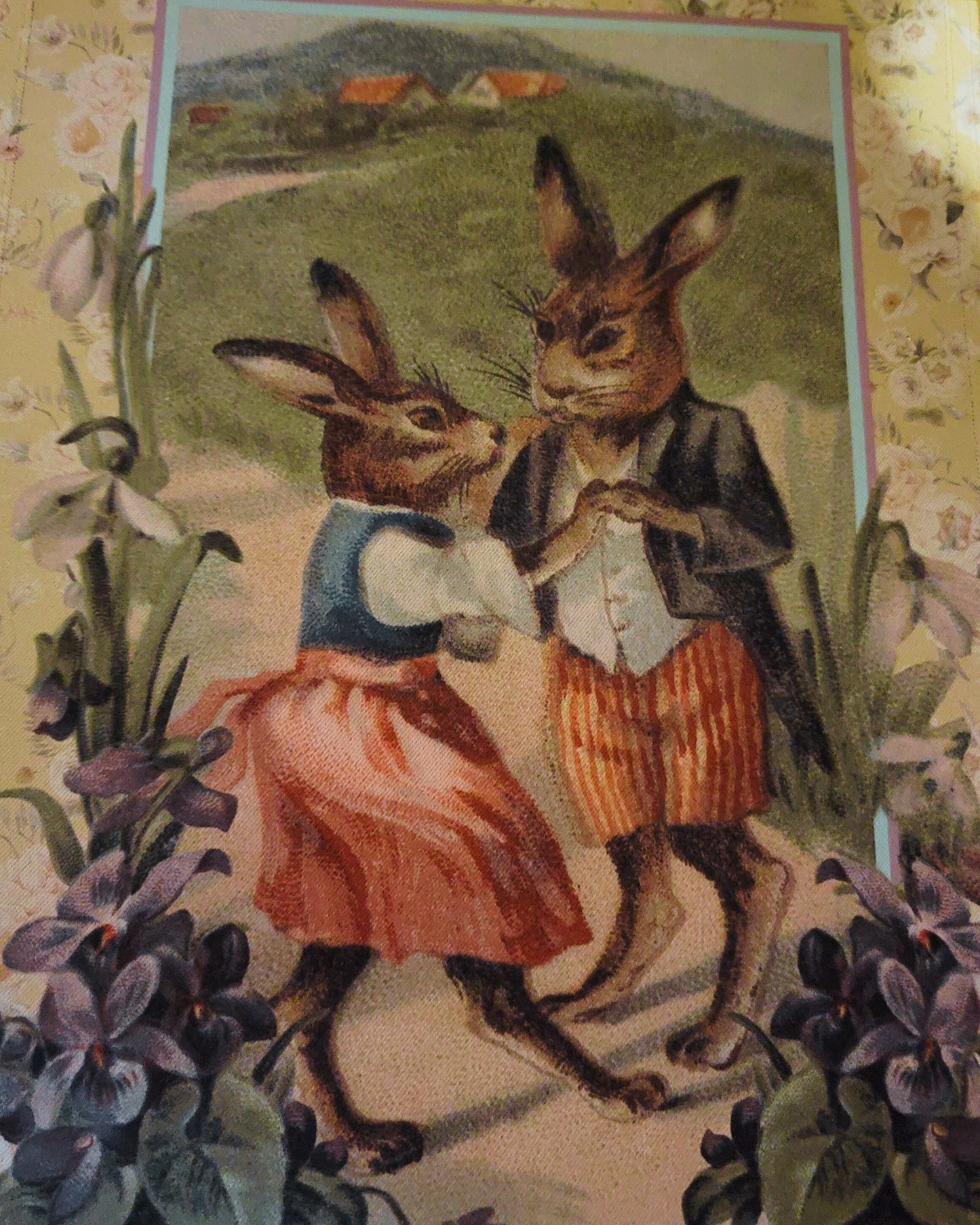 Vintage Victorian Easter Postcard Style Dancing Rabbit Bunnies Garden Flag