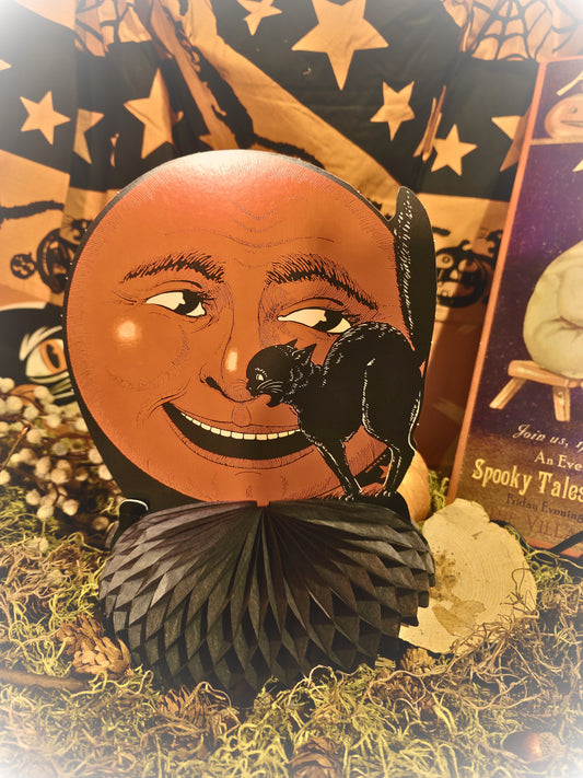 Vintage Halloween Style Retro Black Cat and Man in the Moon Decoration