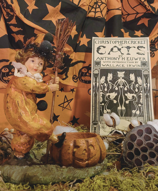 Vintage Halloween Postcard Style Clapsaddle Tinsel Girl Clown with Pumpkin Container