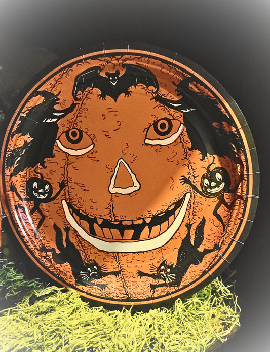 Vintage Halloween Style Pumpkin Witch Cats Paper Plates Set of 8