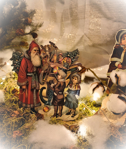 Vintage Victorian Christmas Style Father Christmas with Sleigh and Children Music Box