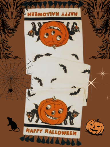 Vintage Halloween Style Pumpkin and Black Cat Table Runner