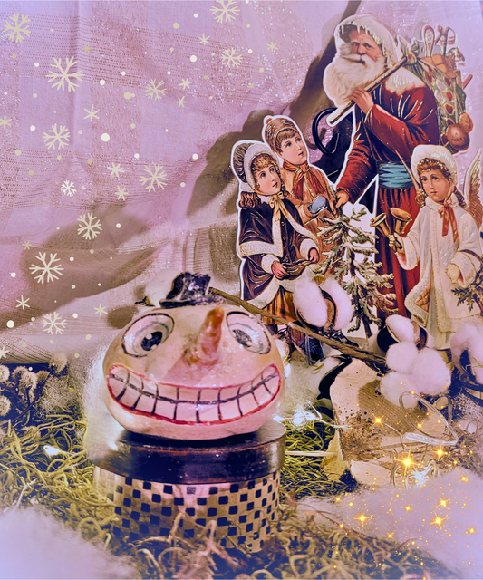 Vintage Christmas Tim Burton Style Silver Willow Glittered Snowman Head Box