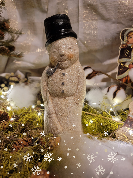 Vintage Christmas Postcard Style Victorian Sleepy Snowman with Broom Figurine