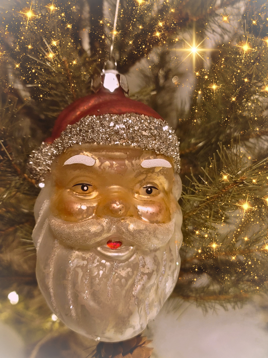 Vintage Retro Style Santa Head Father Christmas Glittered Glass Ornament