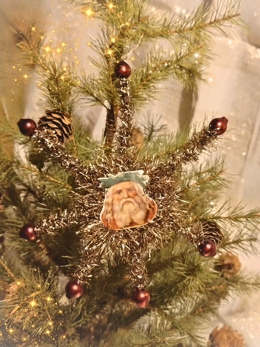 Vintage Victorian Christmas Style Antiqued Santa Tinsel Ephemera Star Ornament