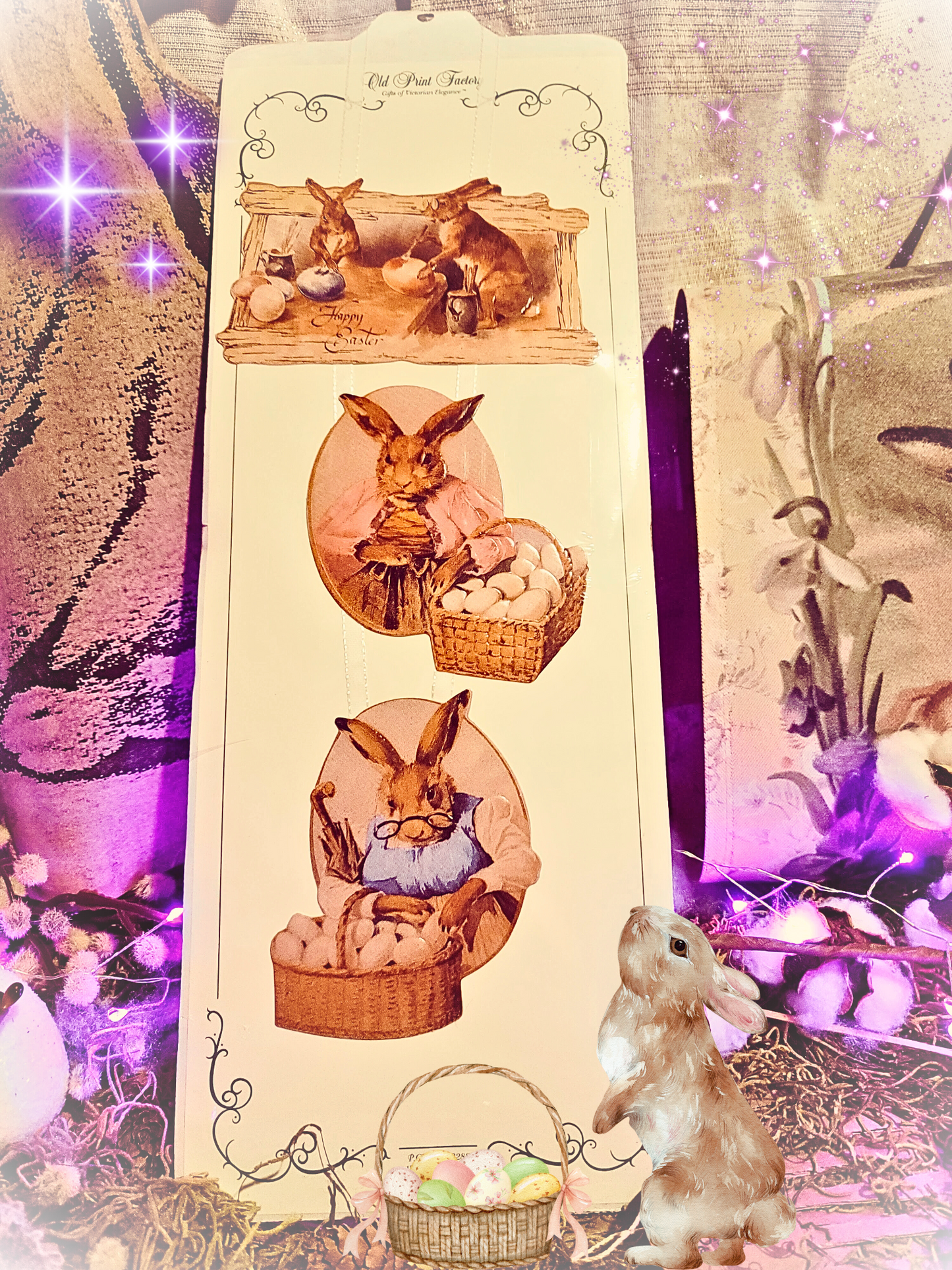 Vintage Victorian Easter Bunny Ribbon Ornament Card