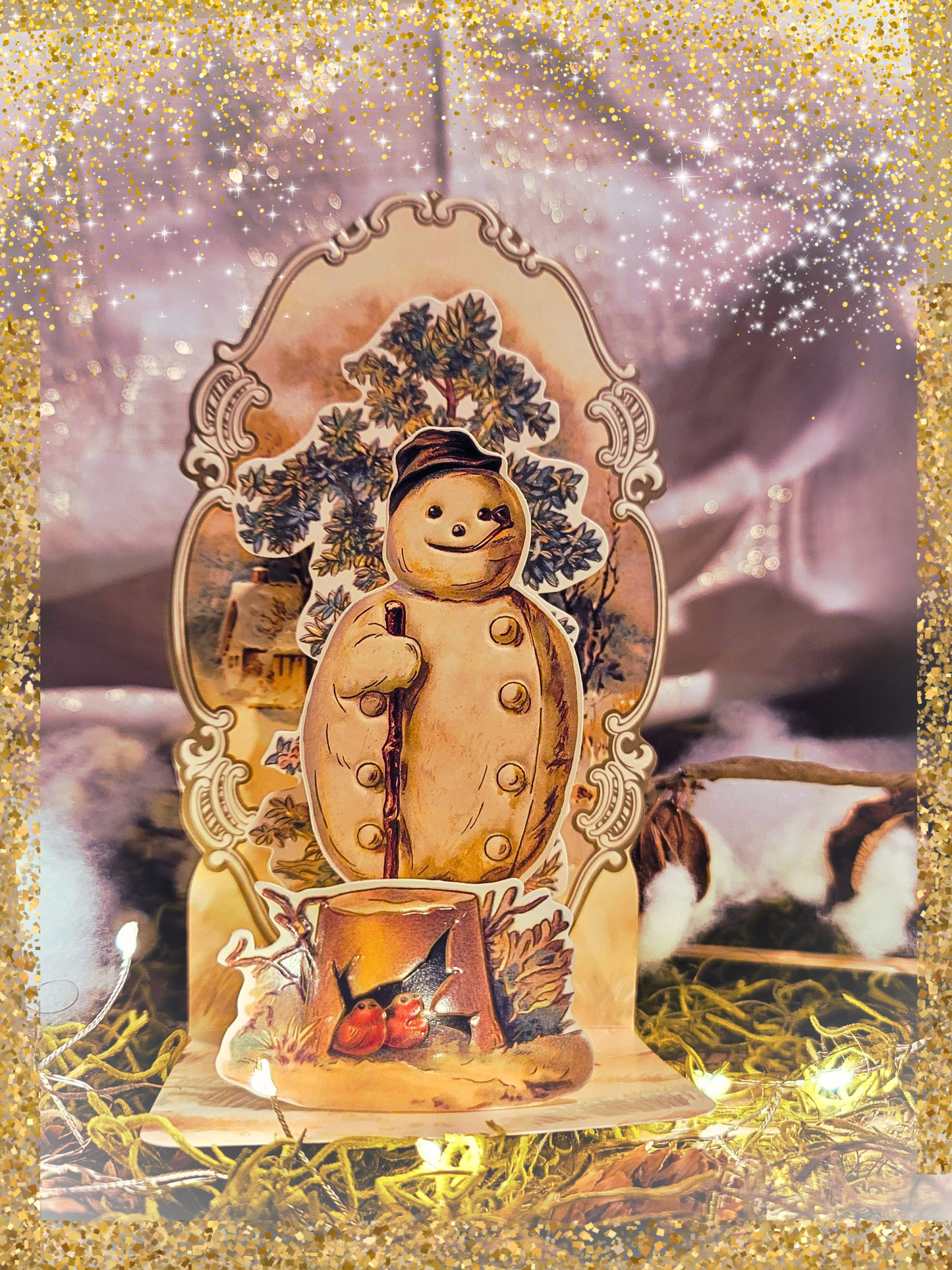 Victorian Christmas Postcard Style Pop Up Standing Snowman Card