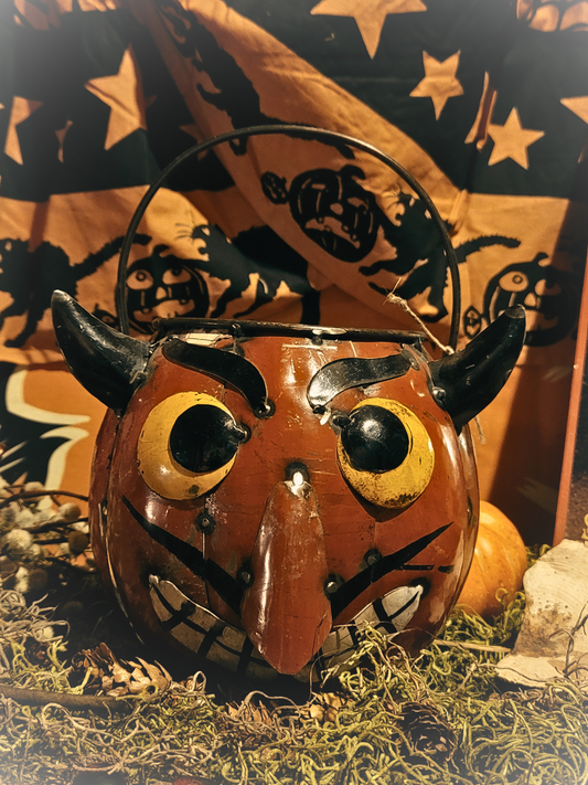 Vintage Halloween Style Metal Devil Head Candy Bucket Container
