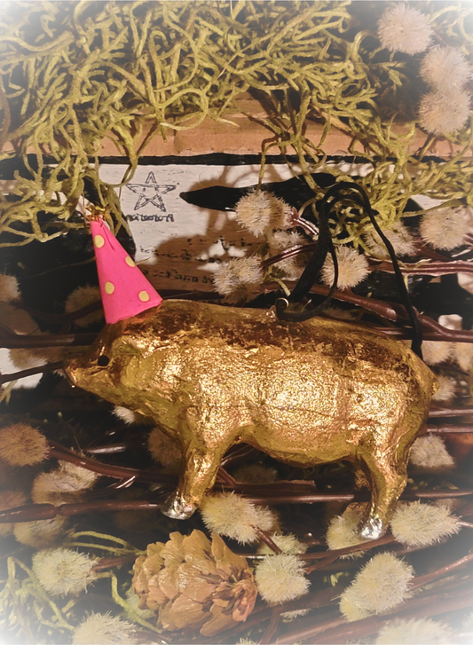 Whimsy Circus Golden Party Pig with Hat Ornament