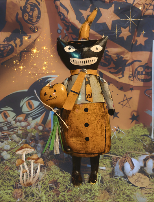 Vintage Halloween Style Metal Black Cat Witch with Pumpkin