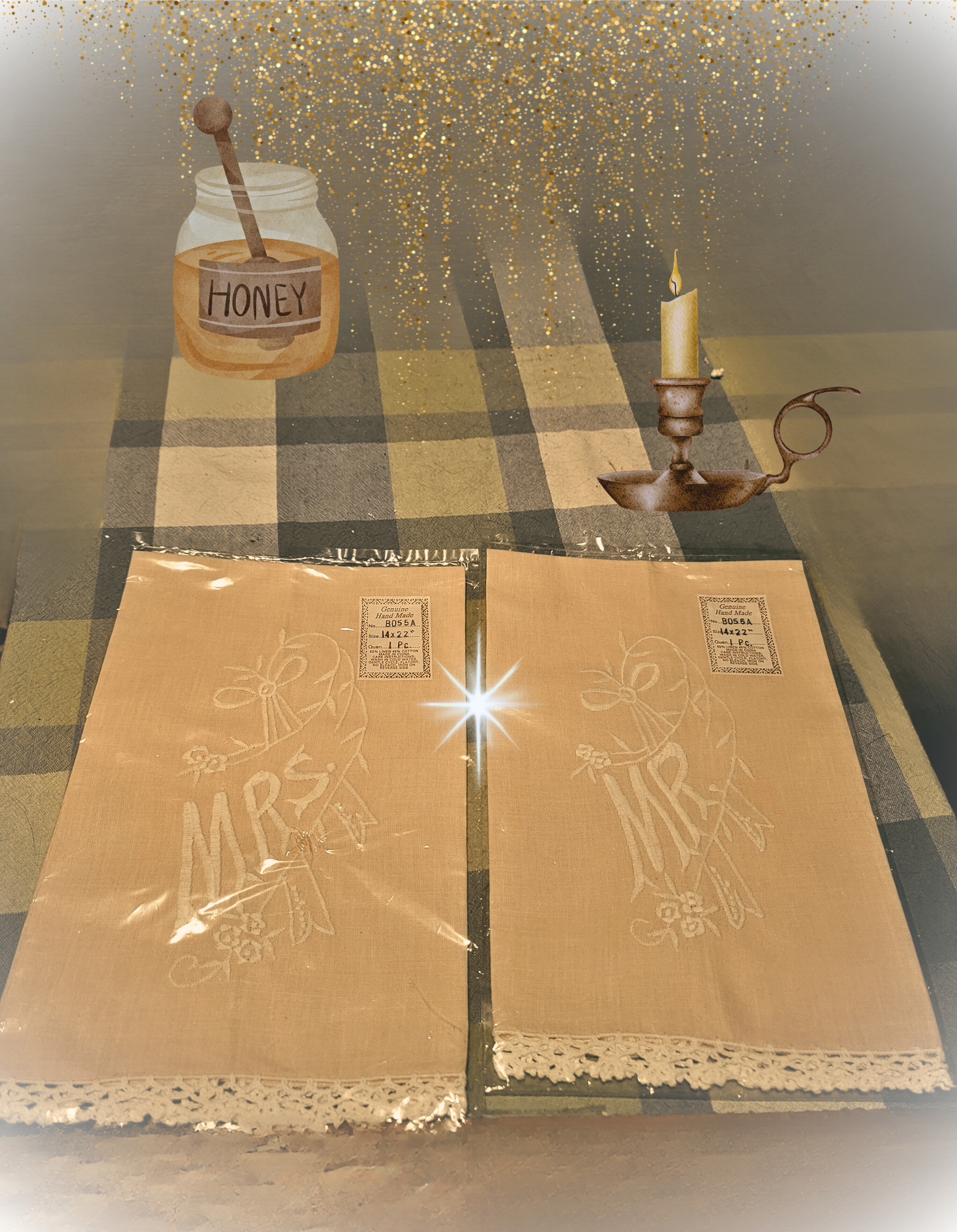 Victorian Style Embriodered Wedding Anniversary Mr and Mrs Tea Towels