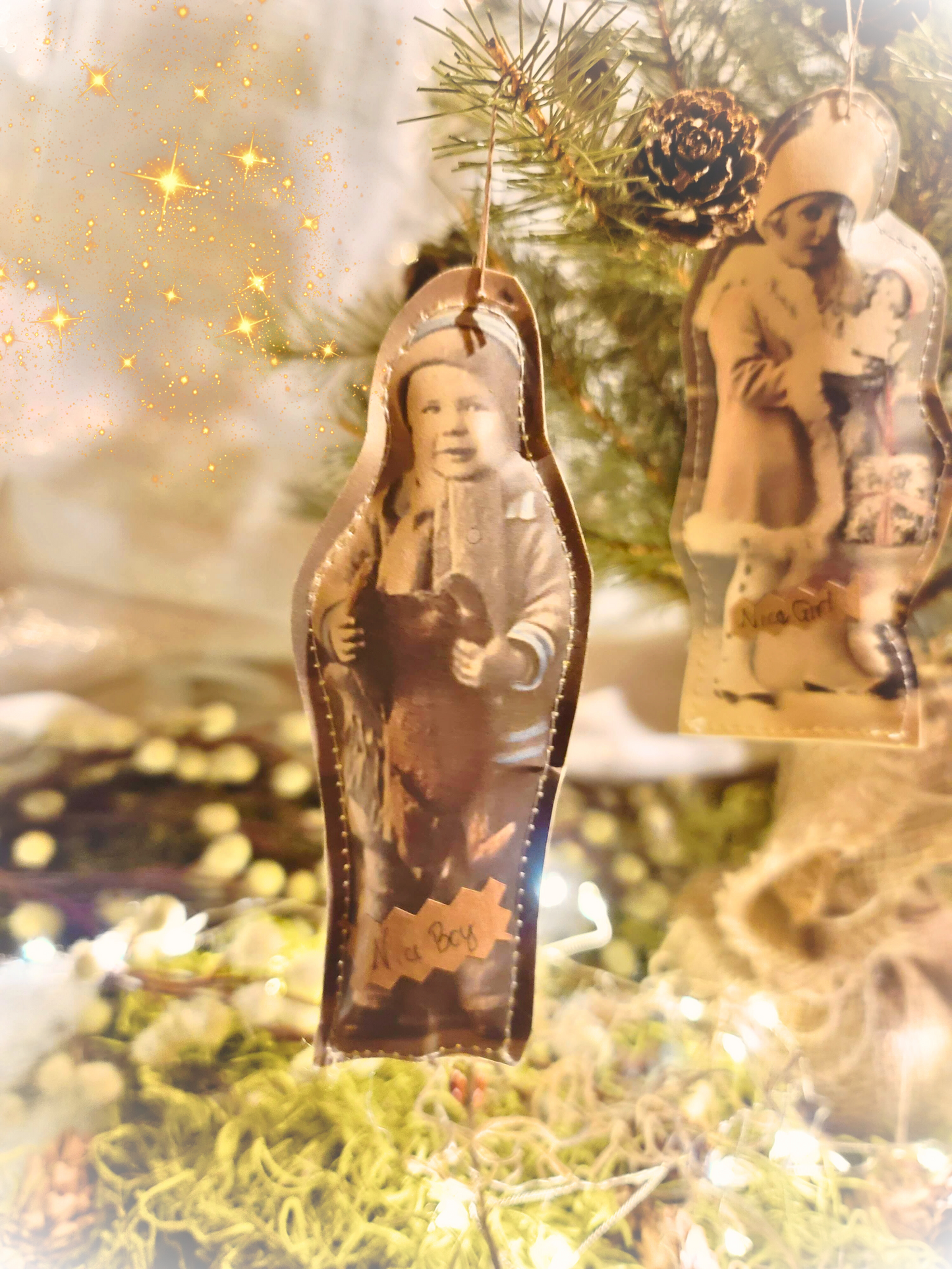 Primitive Victorian Paper Photo Nice Girl Nice Boy Ornaments