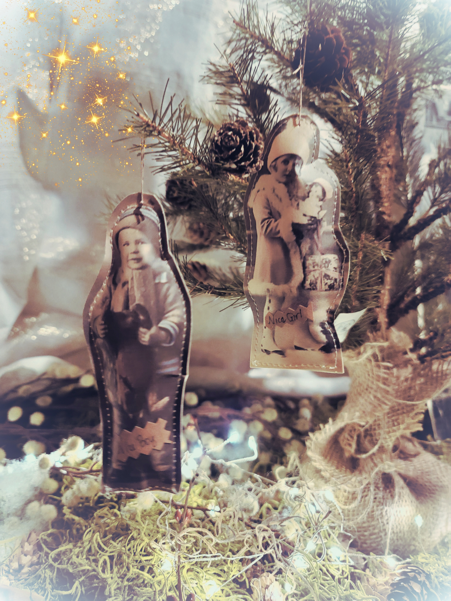 Primitive Victorian Paper Photo Nice Girl Nice Boy Ornaments