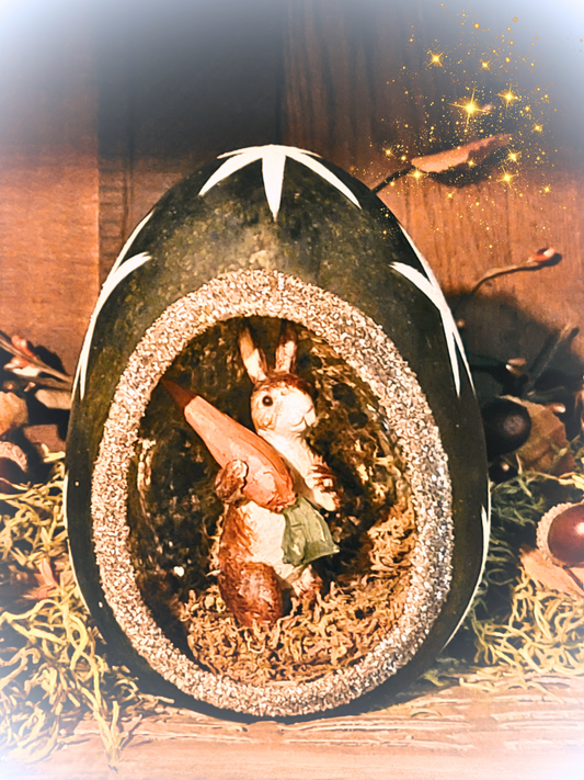 Green Mercury Glass Easter Bunny with Giant Carrot Nesting Egg Figurine