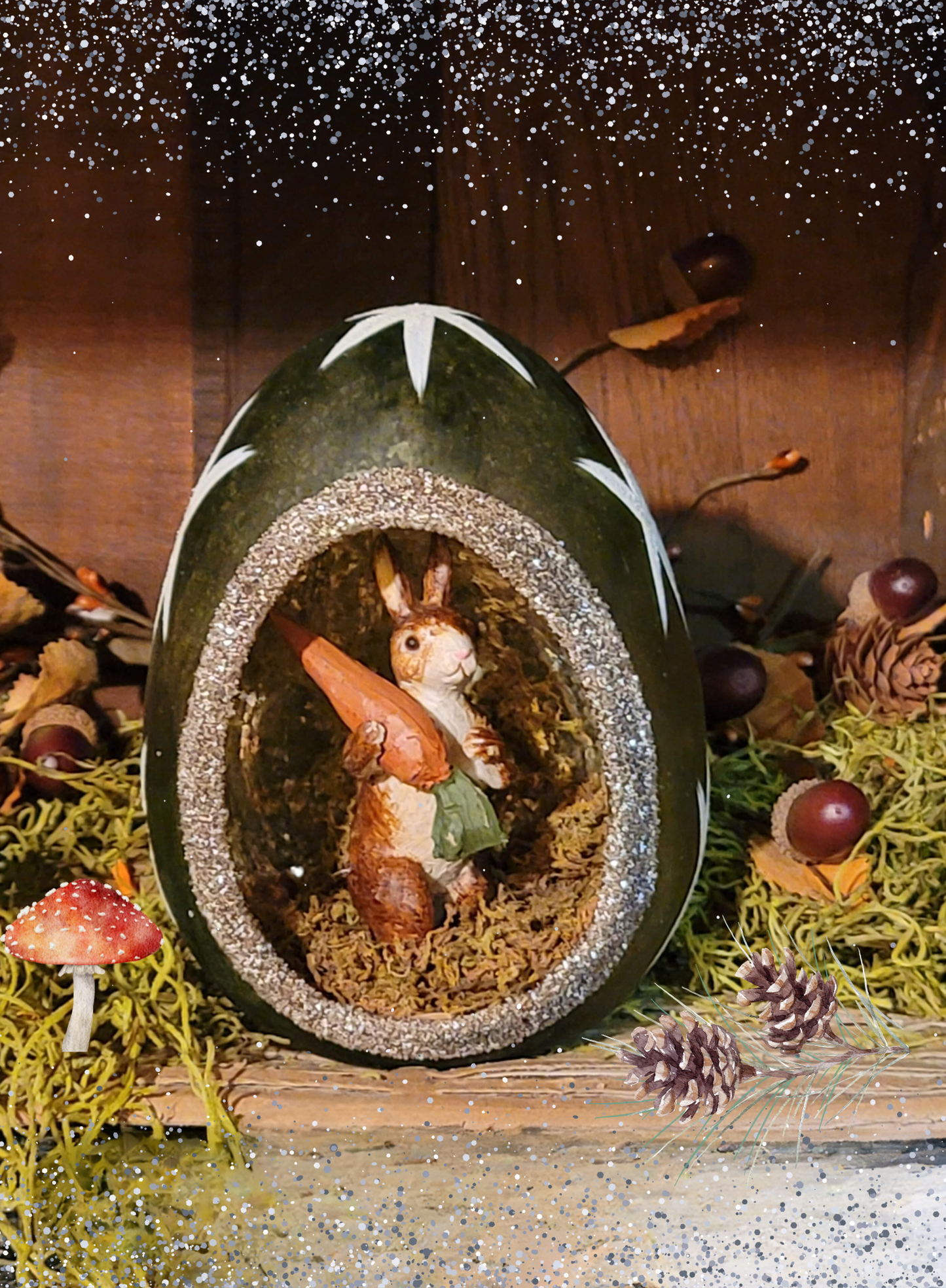 Green Mercury Glass Easter Bunny with Giant Carrot Nesting Egg Figurine