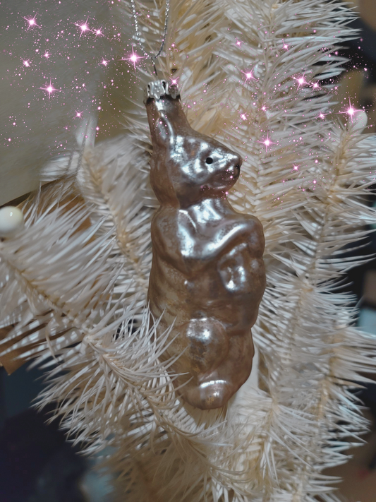 Primitive Easter Style Mercury Glass Silver Bunny with Basket Ornament