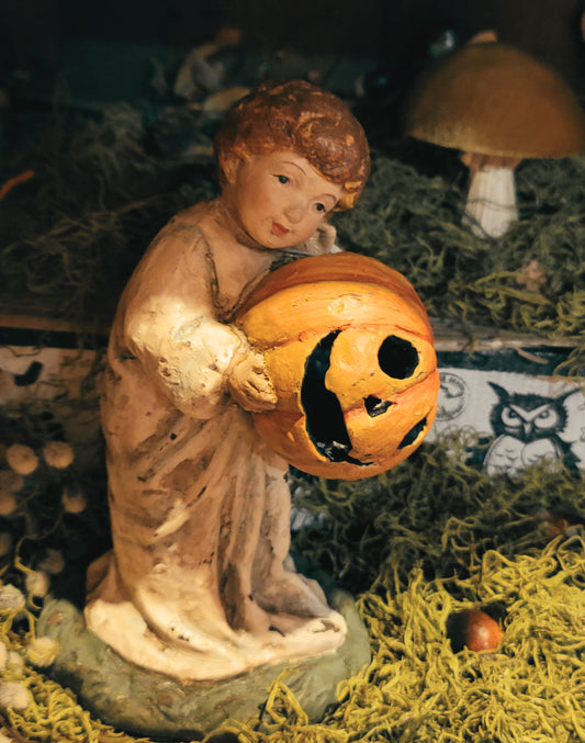 Vintage Halloween Postcard Style Ghost Holding Pumpkin Boy Figurine