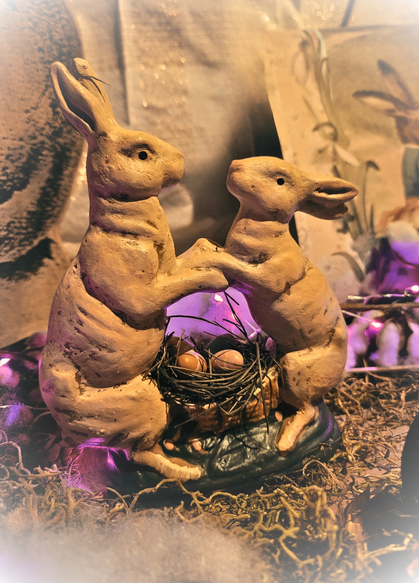 Primitive Vintage Easter Style Dancing Rabbit Bunnies Figurine