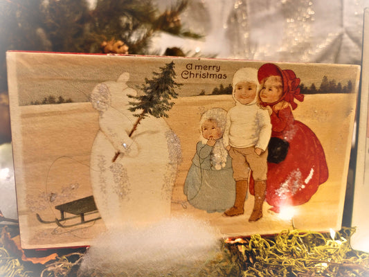 Vintage Christmas Victorian Snowman Cheryl Slifer Snowman with Children Box