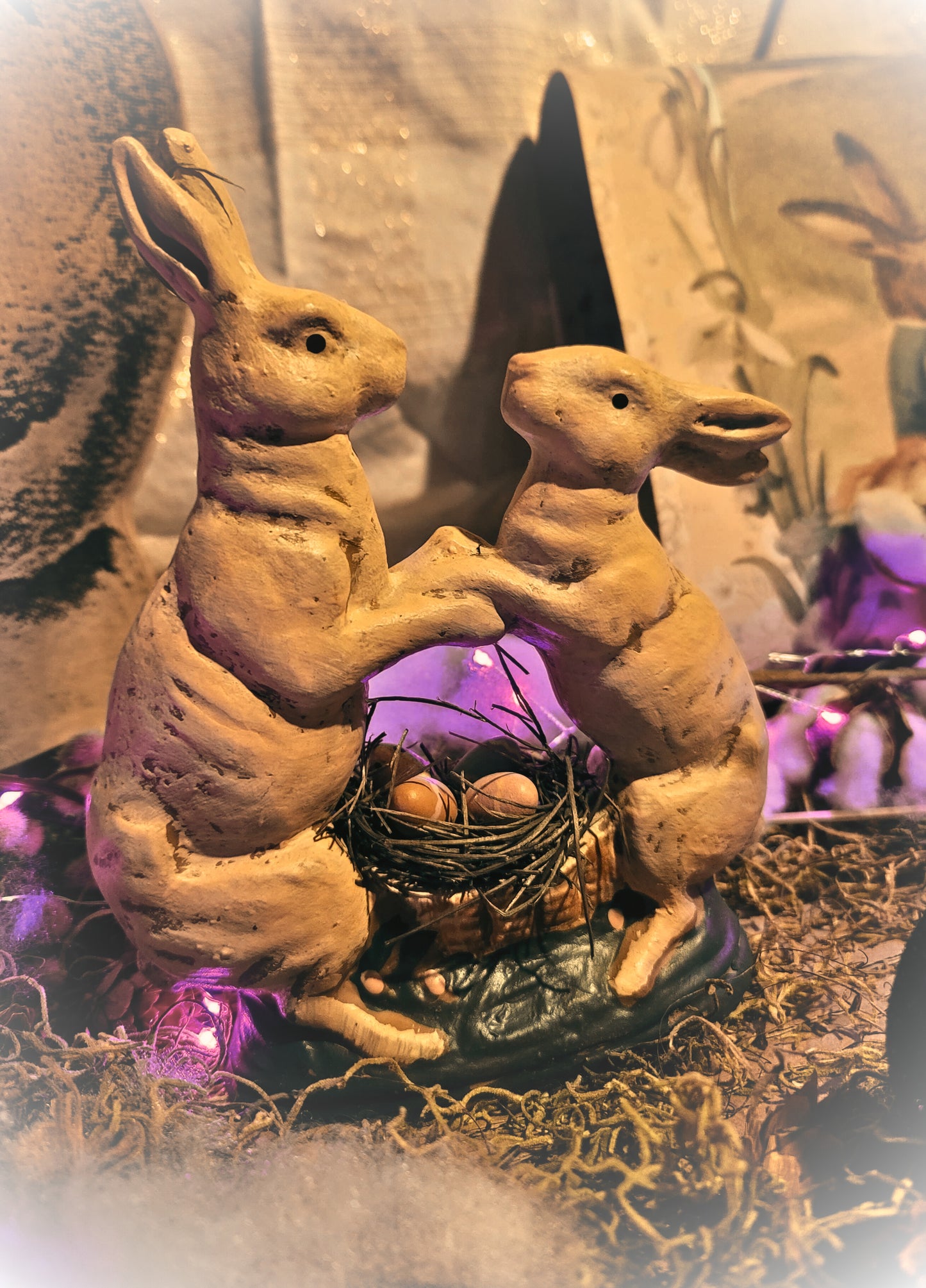 Primitive Vintage Easter Style Dancing Rabbit Bunnies Figurine