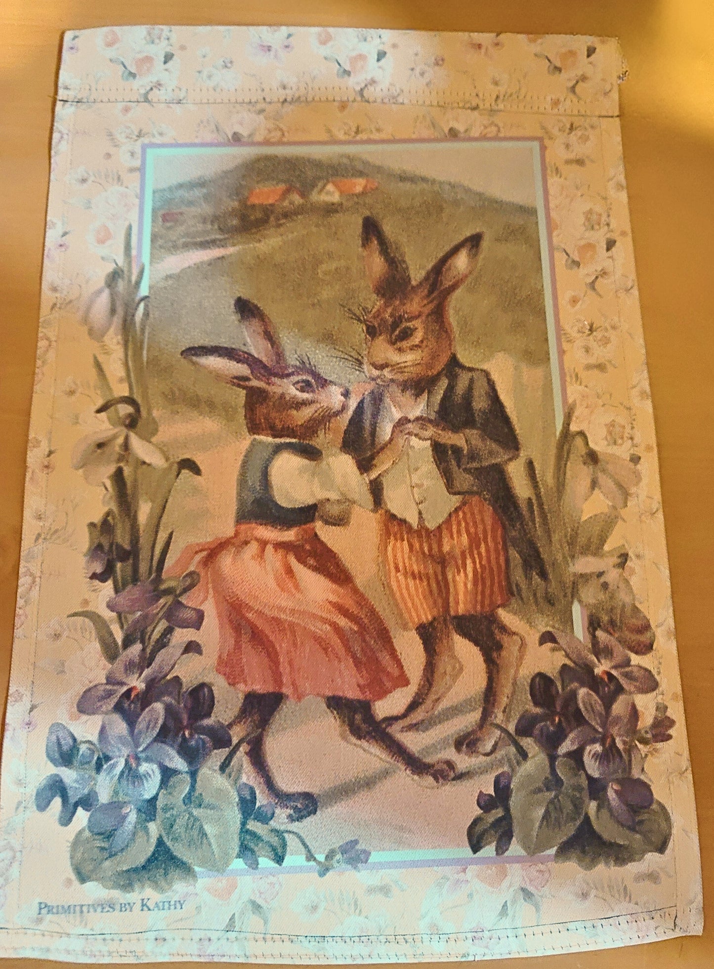 Vintage Victorian Easter Postcard Style Dancing Rabbit Bunnies Garden Flag