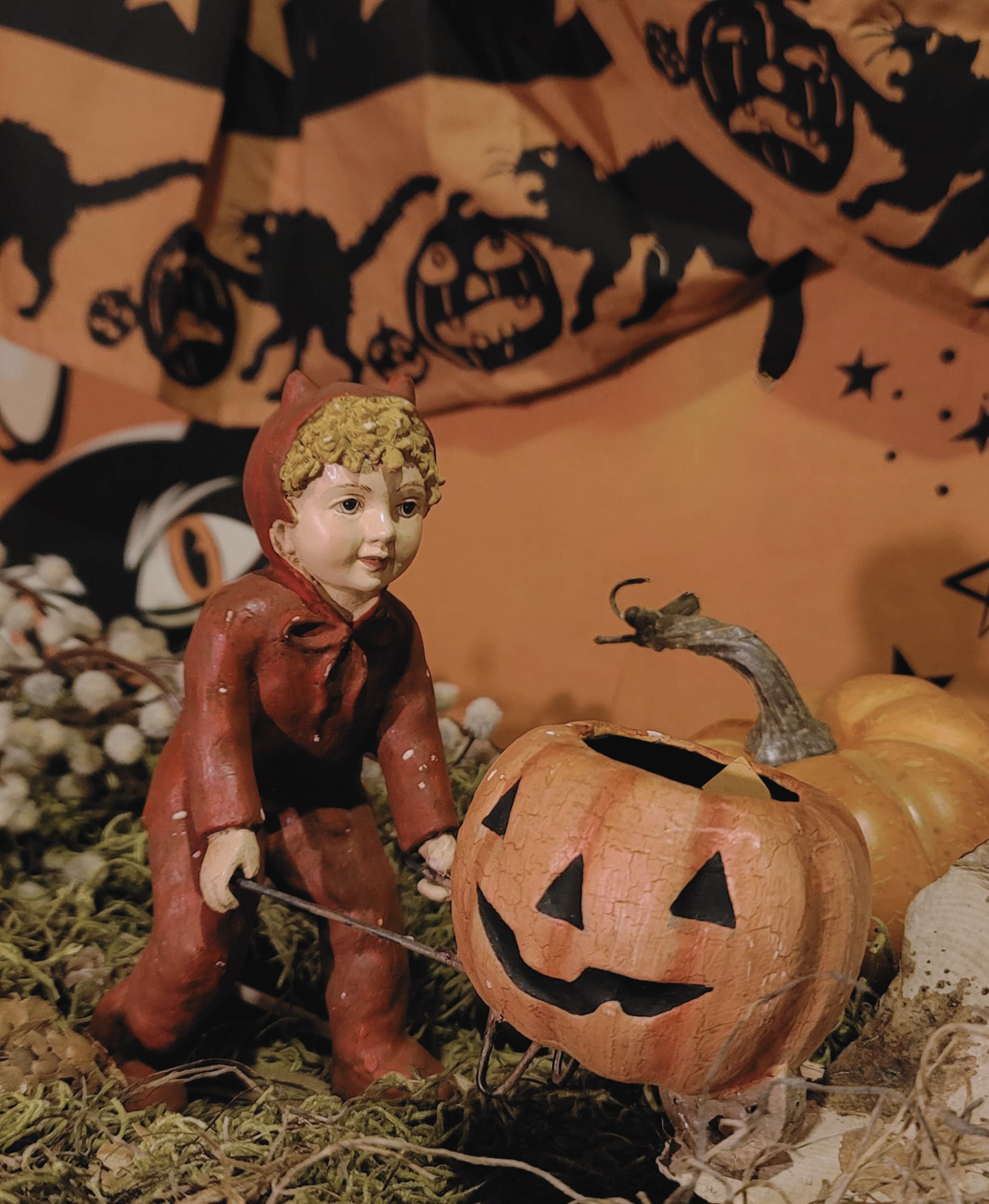 Vintage Halloween Style Bethany Lowe Devil Boy with Pumpkin Cart