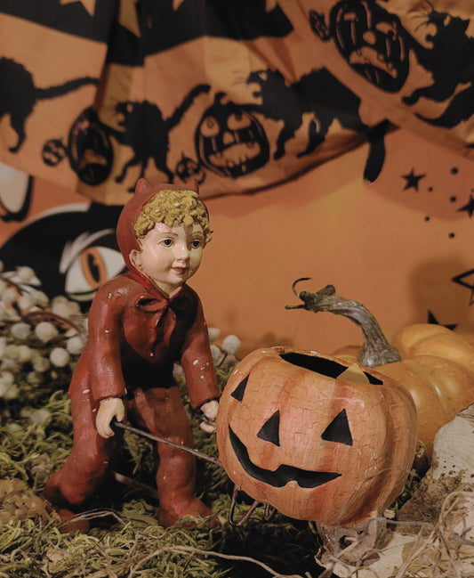 Vintage Halloween Style Bethany Lowe Devil Boy with Pumpkin Cart