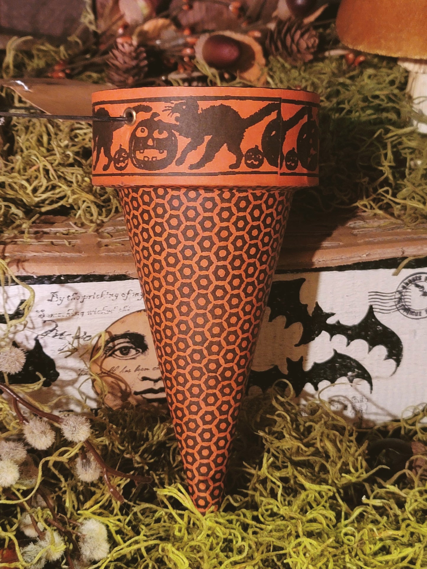 Vintage Halloween German Style Black Cat with Pumpkin Bethany Lowe Cone Container