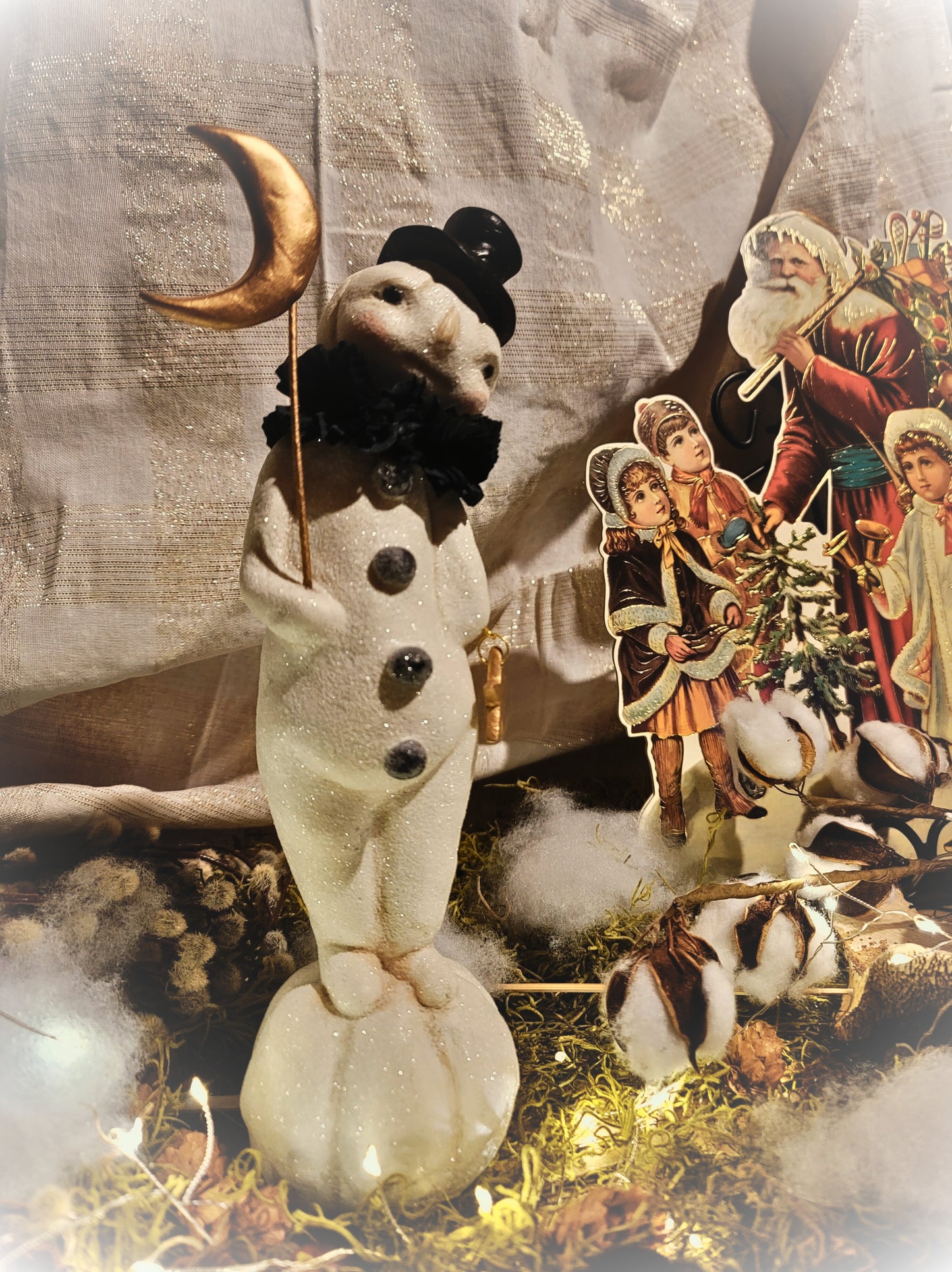 Vintage Halloween Christmas Style Dee Harvey Folk Art Snowman on Pumpkin