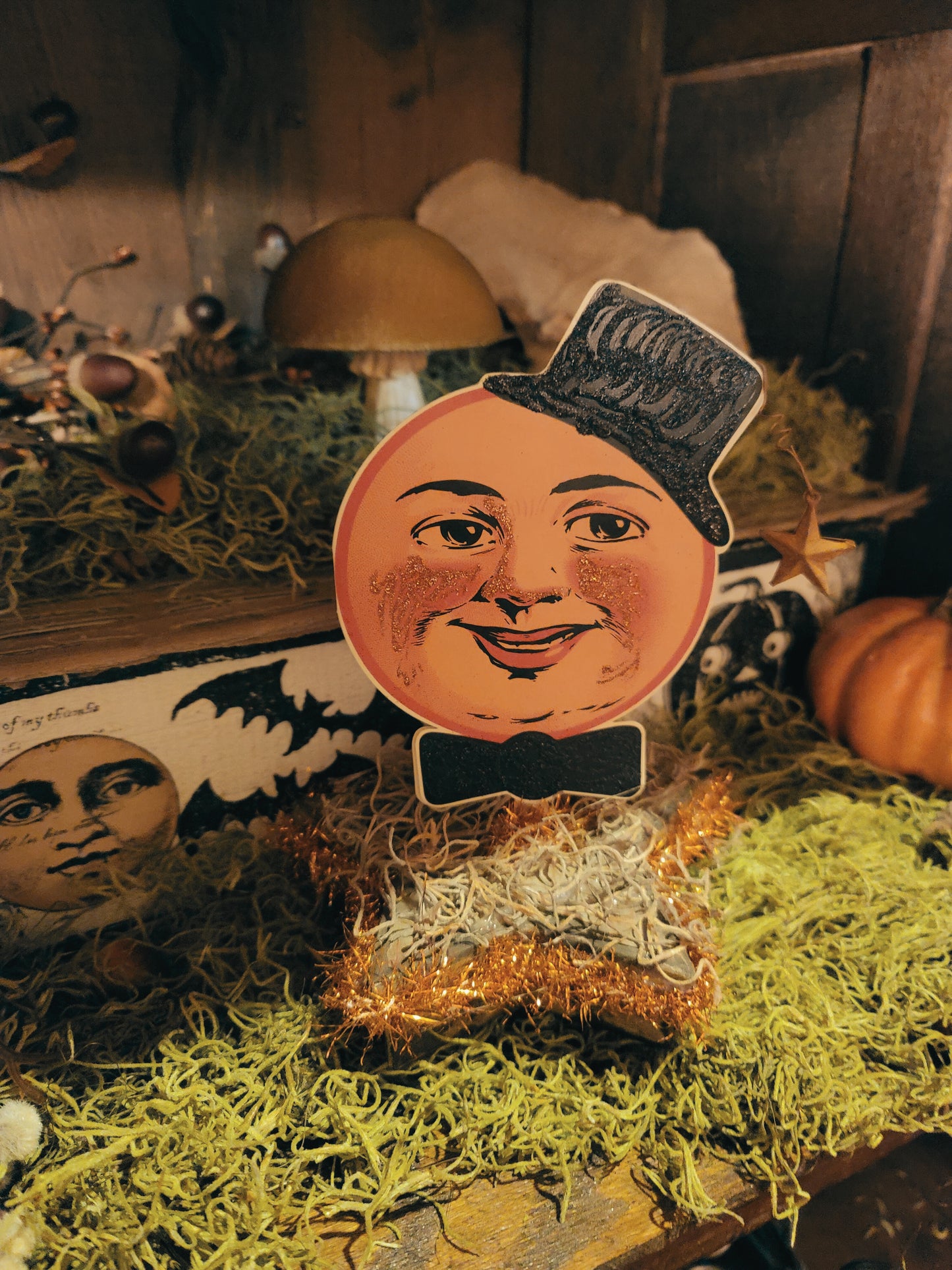 Vintage Halloween Style Man in the Moon Box Container with Tinsel
